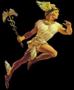 Hermes, the Greek version of Mercury, with his caduceus, the healing staff. Mercury, the divine messenger, is associated with healing.