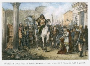 Romulus Augustulus surrenders to Odoacer